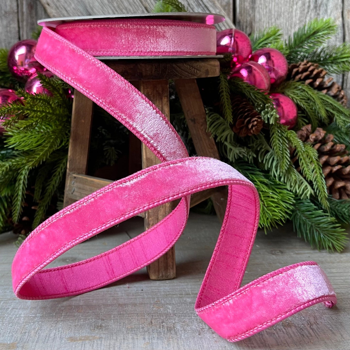 1" BubbleGum Pink Velvet Ribbon, Wired Velvet Ribbon, 1 inch Velvet Ribbon