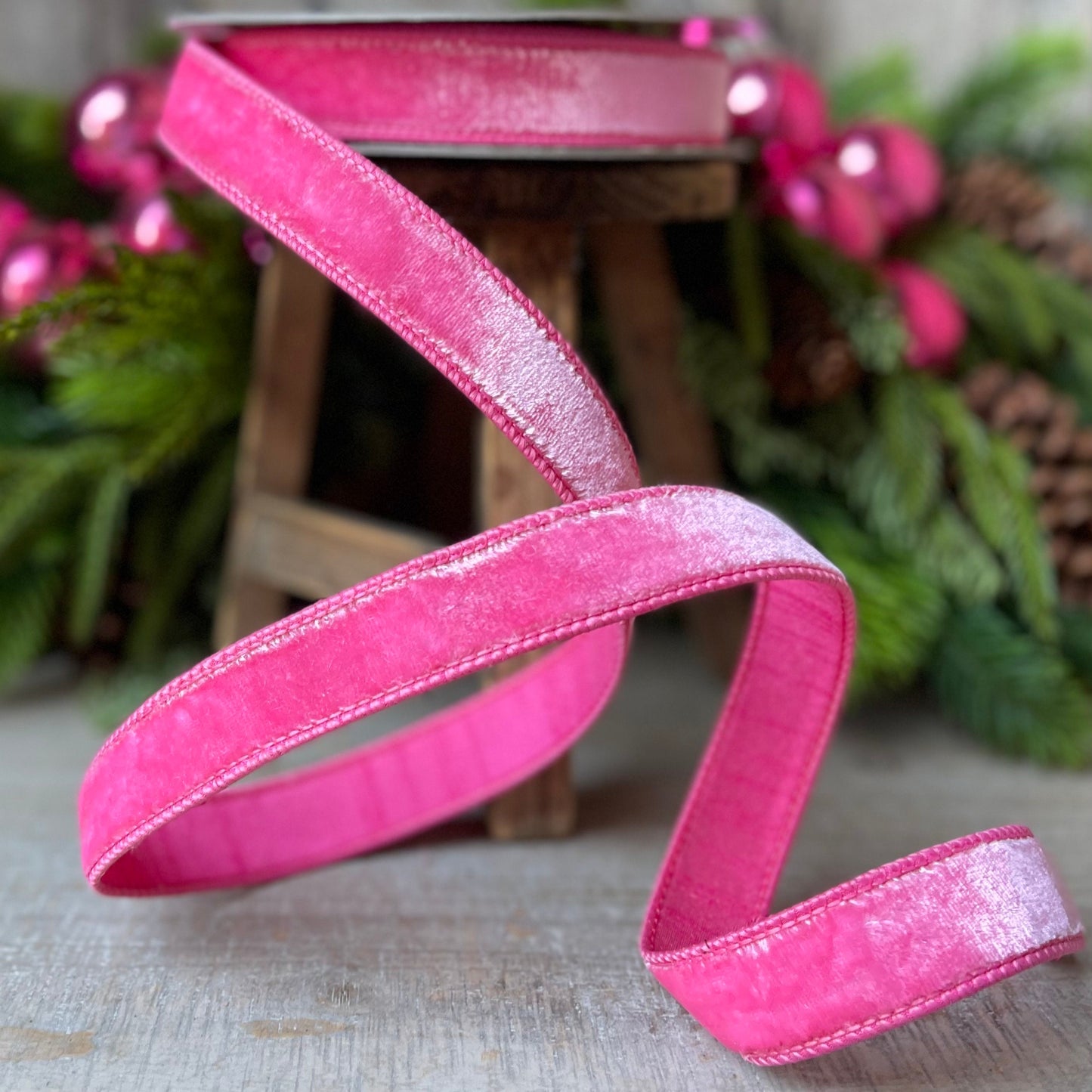 1" BubbleGum Pink Velvet Ribbon, Wired Velvet Ribbon, 1 inch Velvet Ribbon
