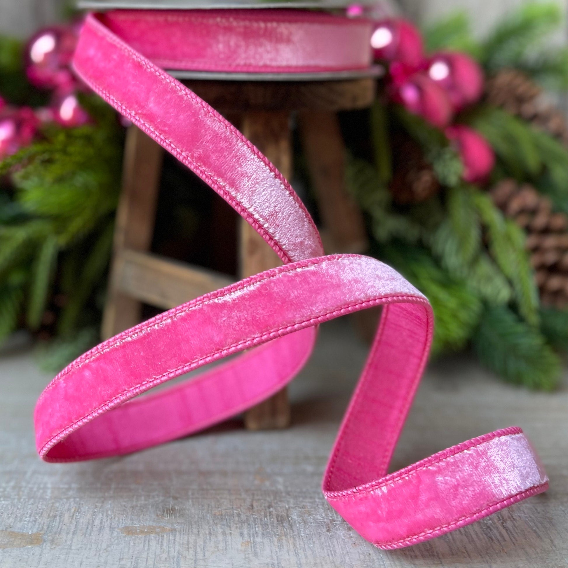 1" BubbleGum Pink Velvet Ribbon, Wired Velvet Ribbon, 1 inch Velvet Ribbon