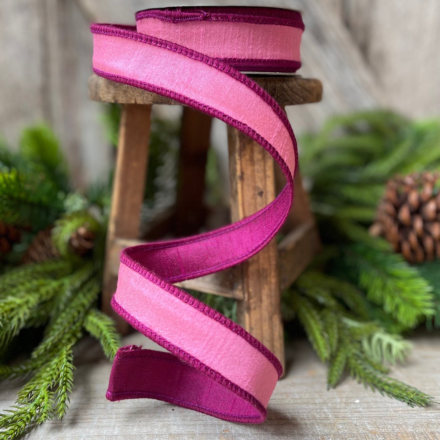 1" Pink Contrast Taffeta, Farrisilk Ribbon, Wired Ribbon