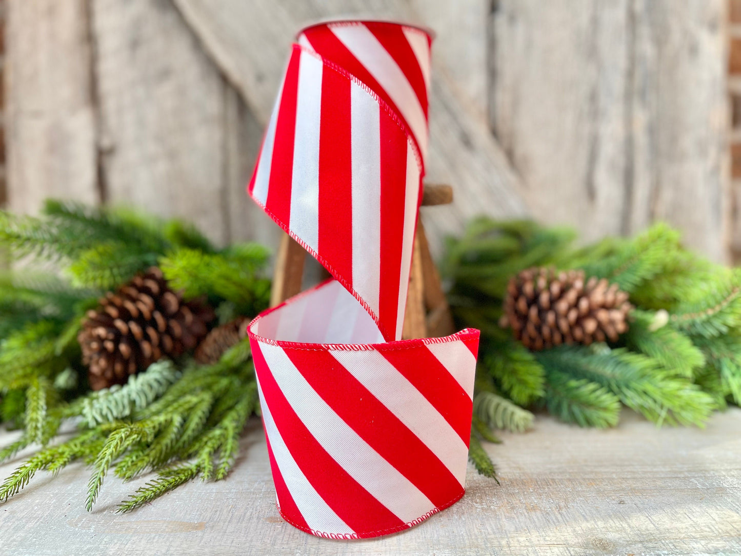 Red & White Diagonal Stripe Christmas Ribbon - 4" x 10 Yards - Wired Holiday Ribbon for DIY Crafts, Decorations