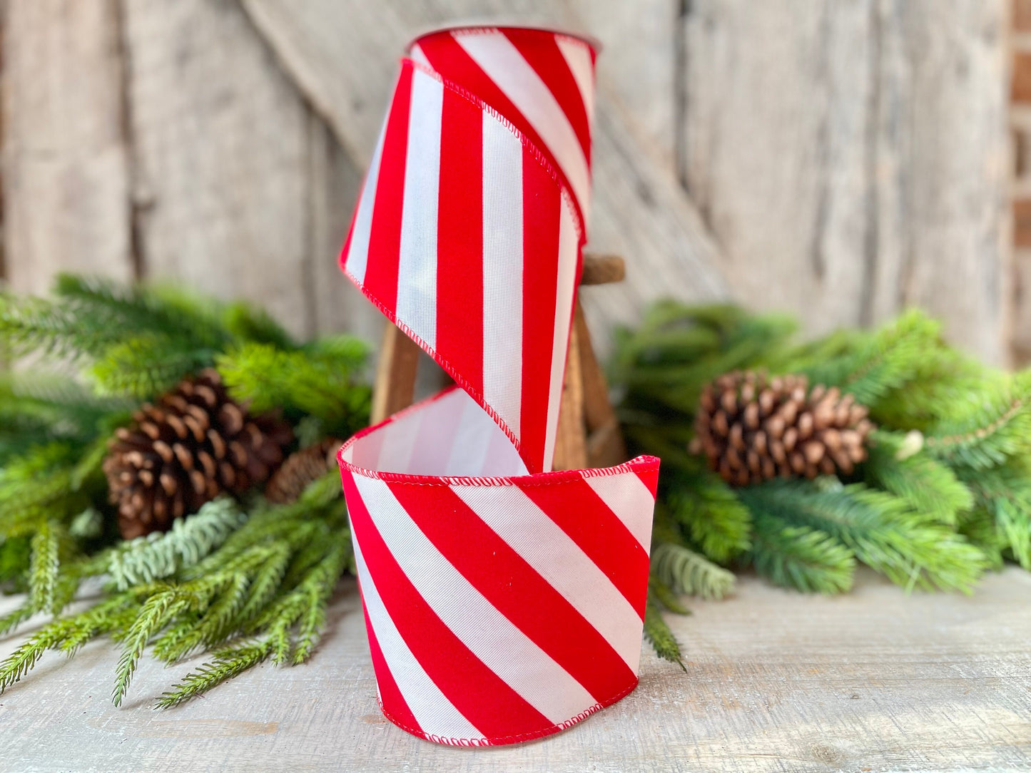 Red & White Diagonal Stripe Christmas Ribbon - 4" x 10 Yards - Wired Holiday Ribbon for DIY Crafts, Decorations