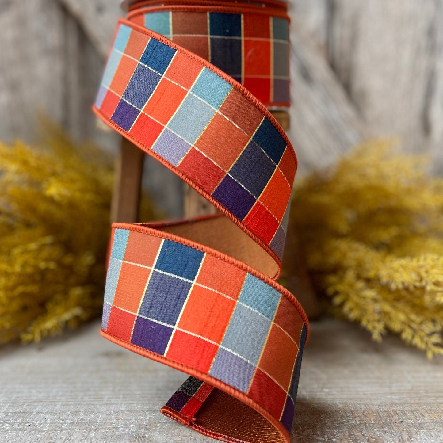 2.5" Orange Sedona Checks, Farrisilk Ribbon, Fall Ribbon