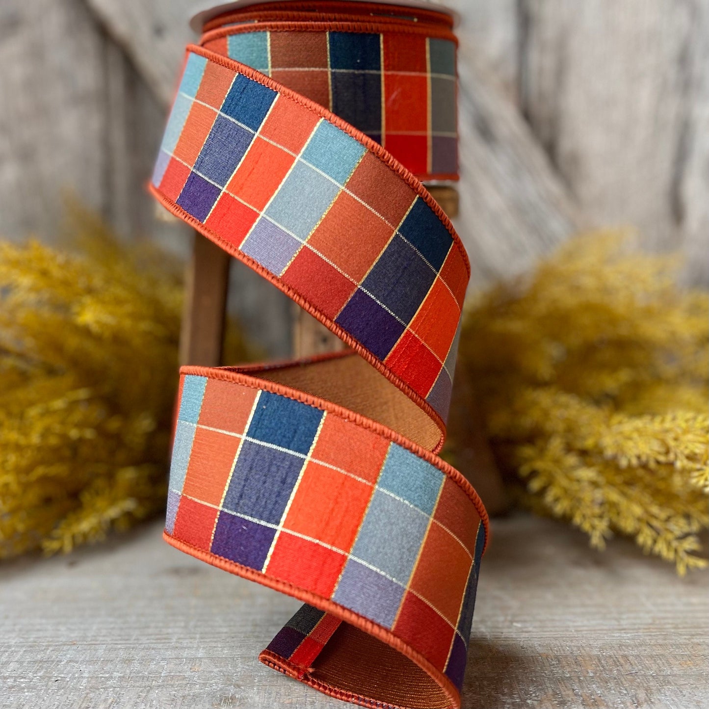 2.5" Orange Sedona Checks, Farrisilk Ribbon, Fall Ribbon