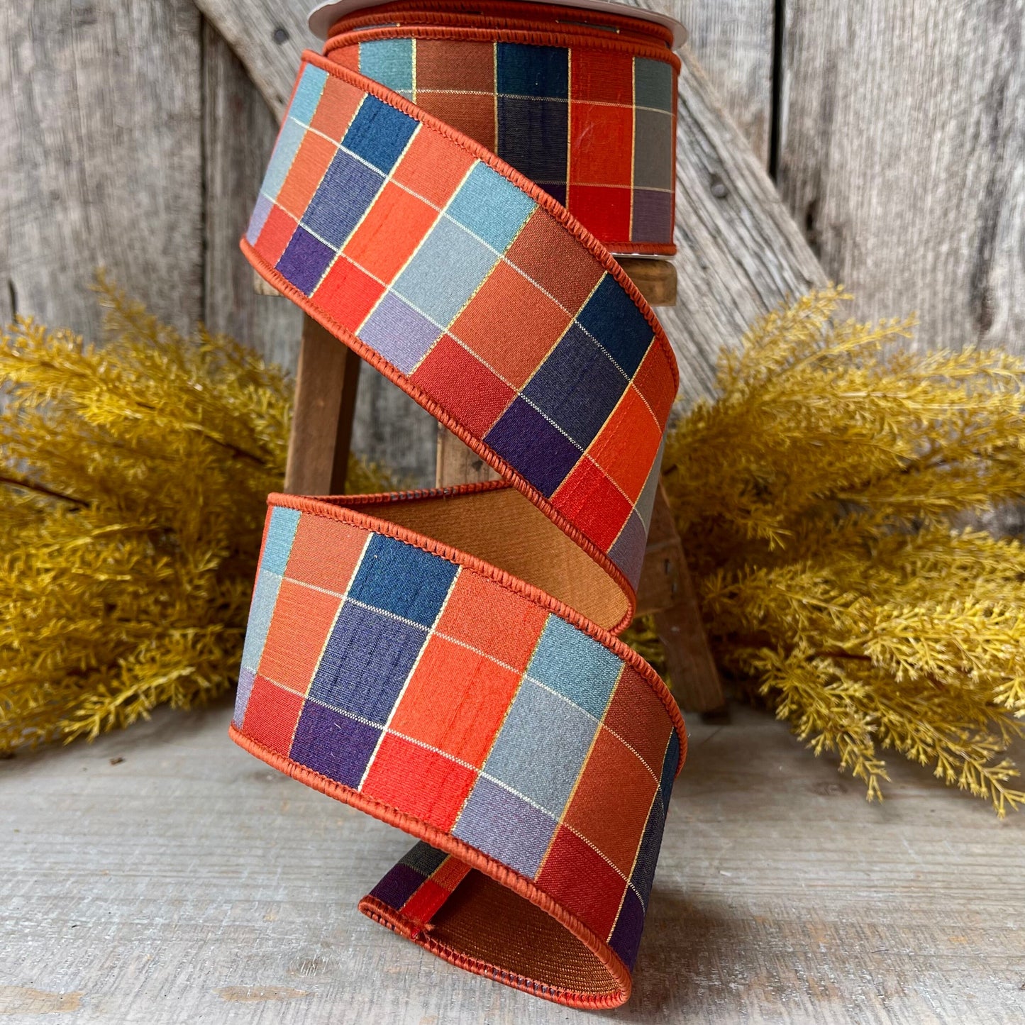 2.5" Orange Sedona Checks, Farrisilk Ribbon, Fall Ribbon