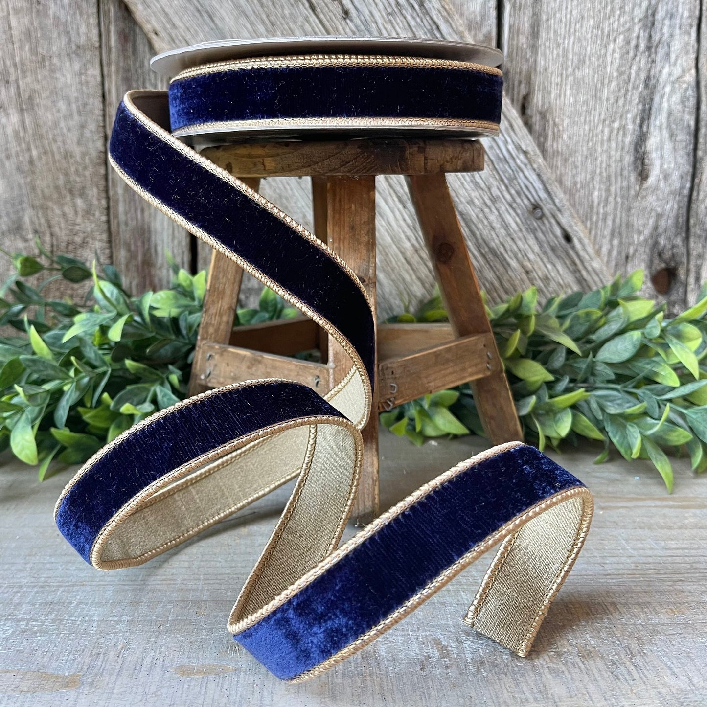 1" Navy Gold Two Tone Velvet RIbbon, Farrisilk Velvet Ribbon, Farrisilk