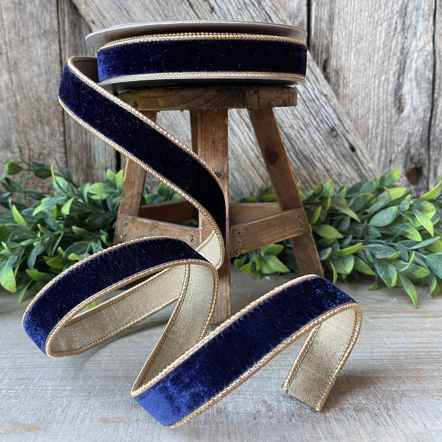1" Navy Gold Two Tone Velvet RIbbon, Farrisilk Velvet Ribbon, Farrisilk