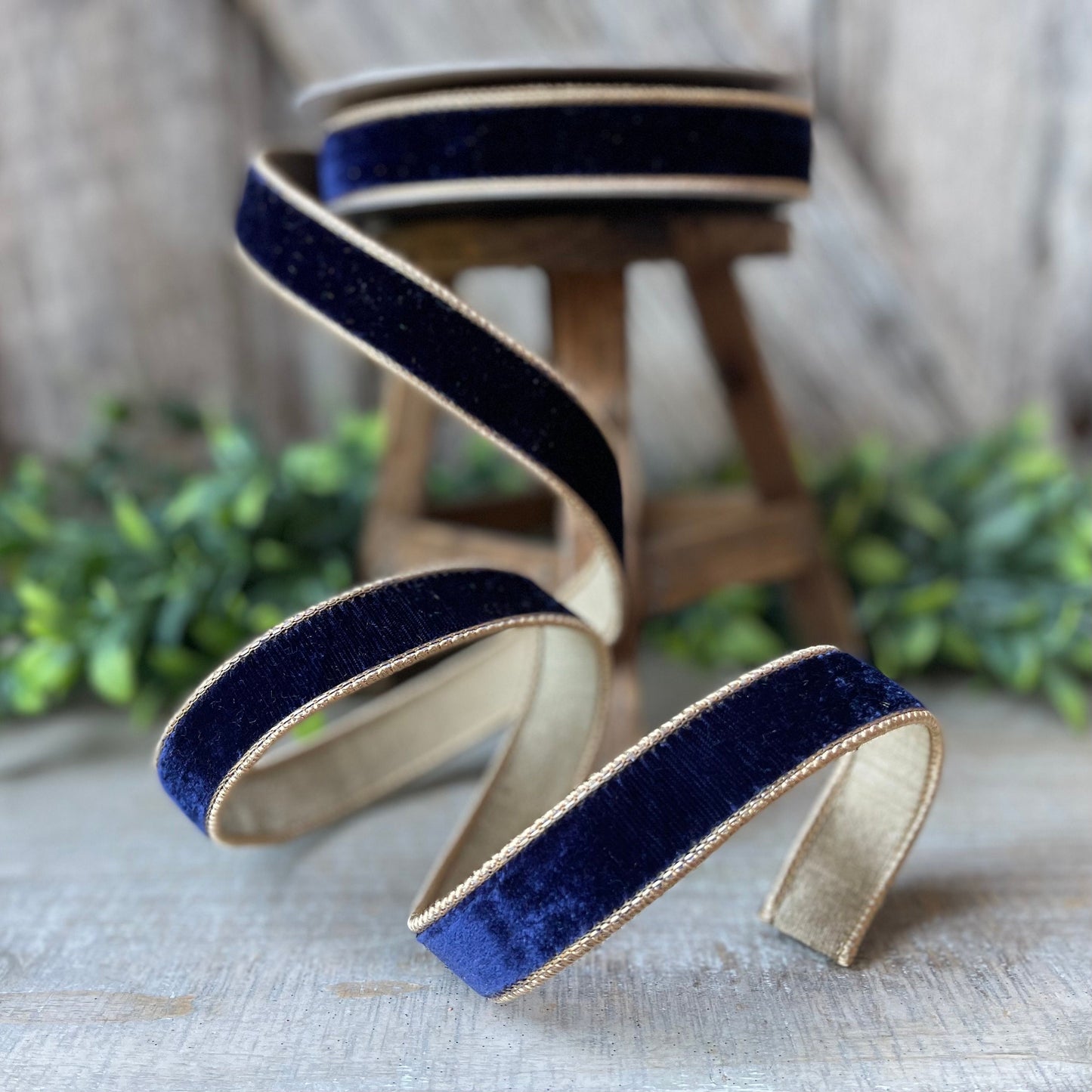 1" Navy Gold Two Tone Velvet RIbbon, Farrisilk Velvet Ribbon, Farrisilk