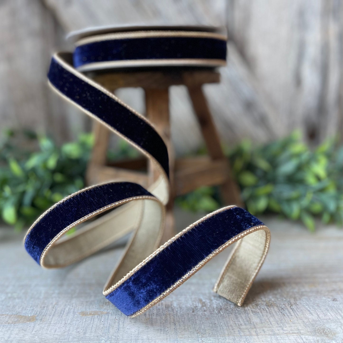 1" Navy Gold Two Tone Velvet RIbbon, Farrisilk Velvet Ribbon, Farrisilk