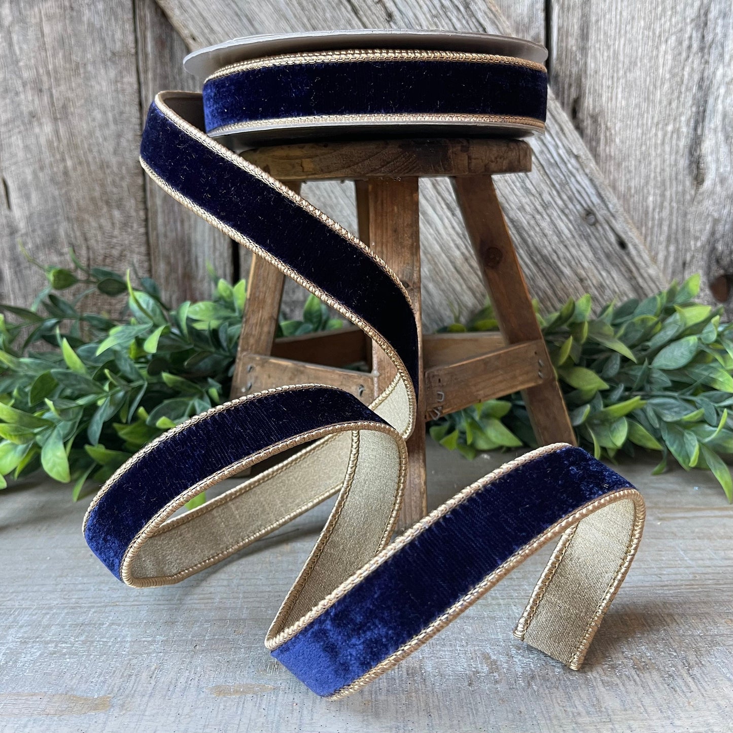 1" Navy Gold Two Tone Velvet RIbbon, Farrisilk Velvet Ribbon, Farrisilk