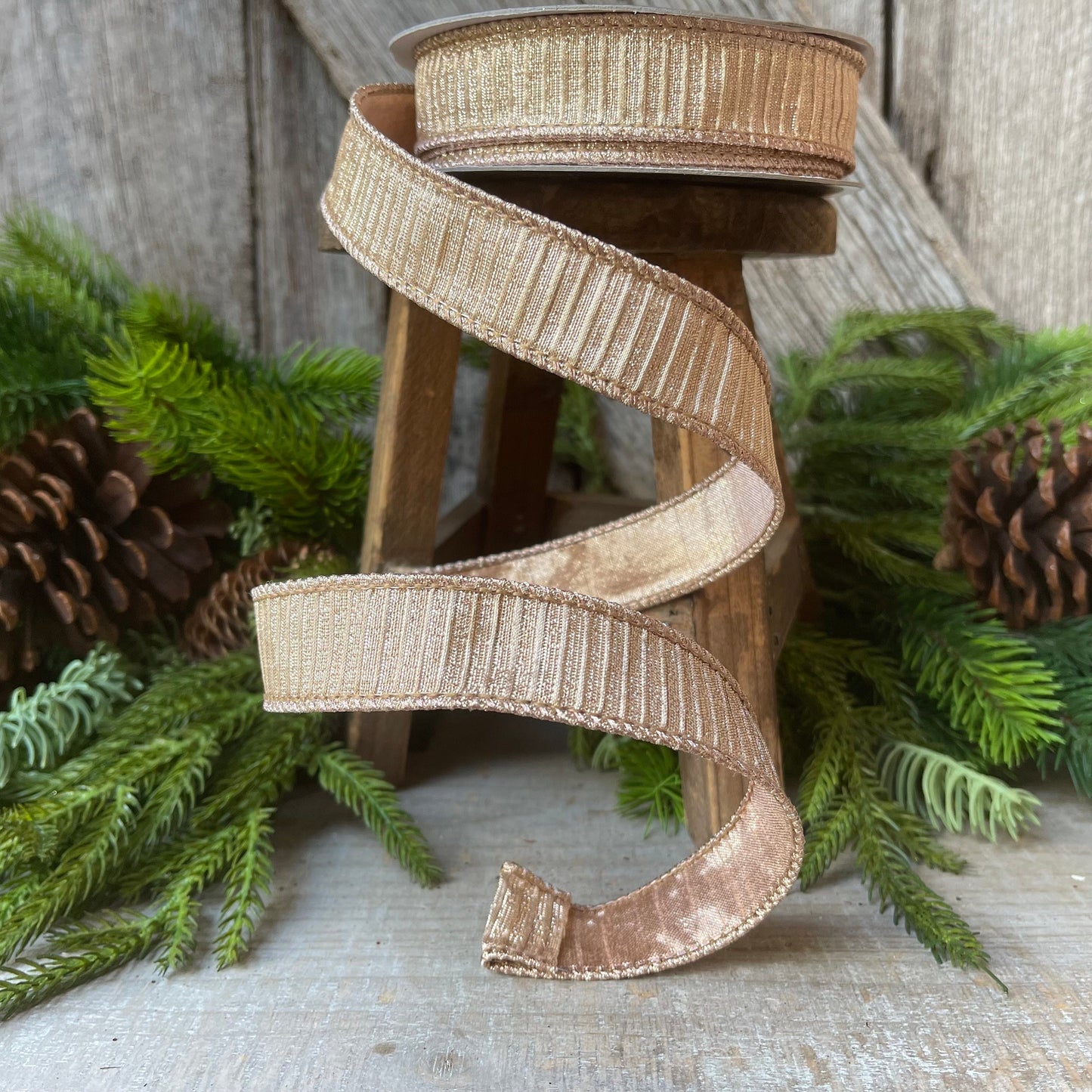 1" Rose Gold Pleated Metallic Ribbon, Farrisilk Ribbon, Wired Ribbon