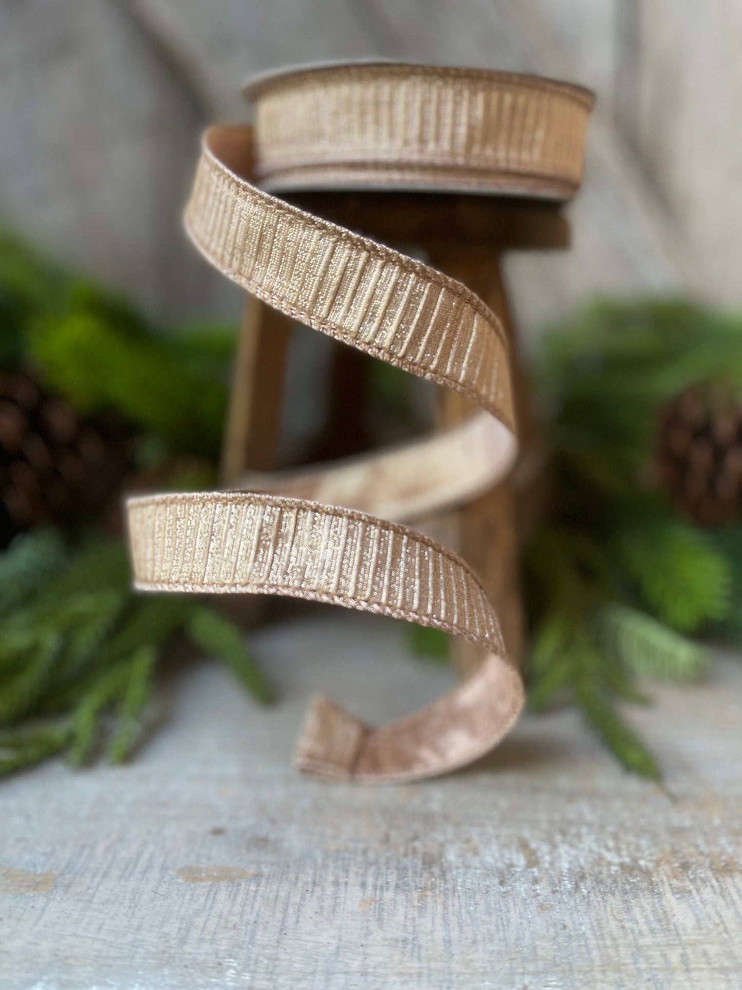 1" Rose Gold Pleated Metallic Ribbon, Farrisilk Ribbon, Wired Ribbon