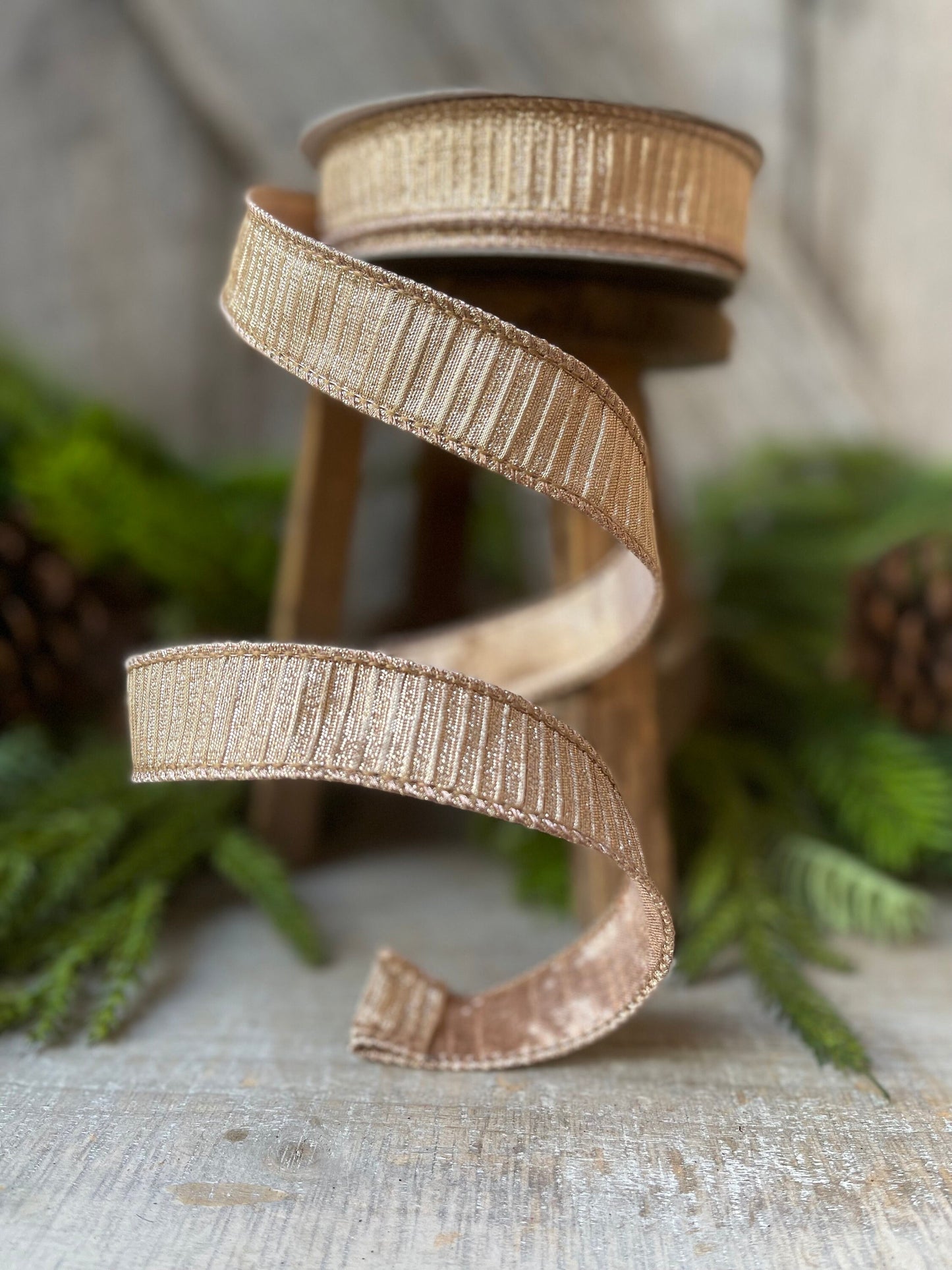 1" Rose Gold Pleated Metallic Ribbon, Farrisilk Ribbon, Wired Ribbon