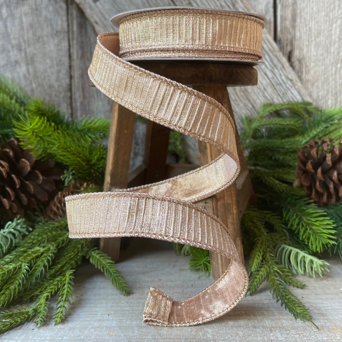 1" Rose Gold Pleated Metallic Ribbon, Farrisilk Ribbon, Wired Ribbon