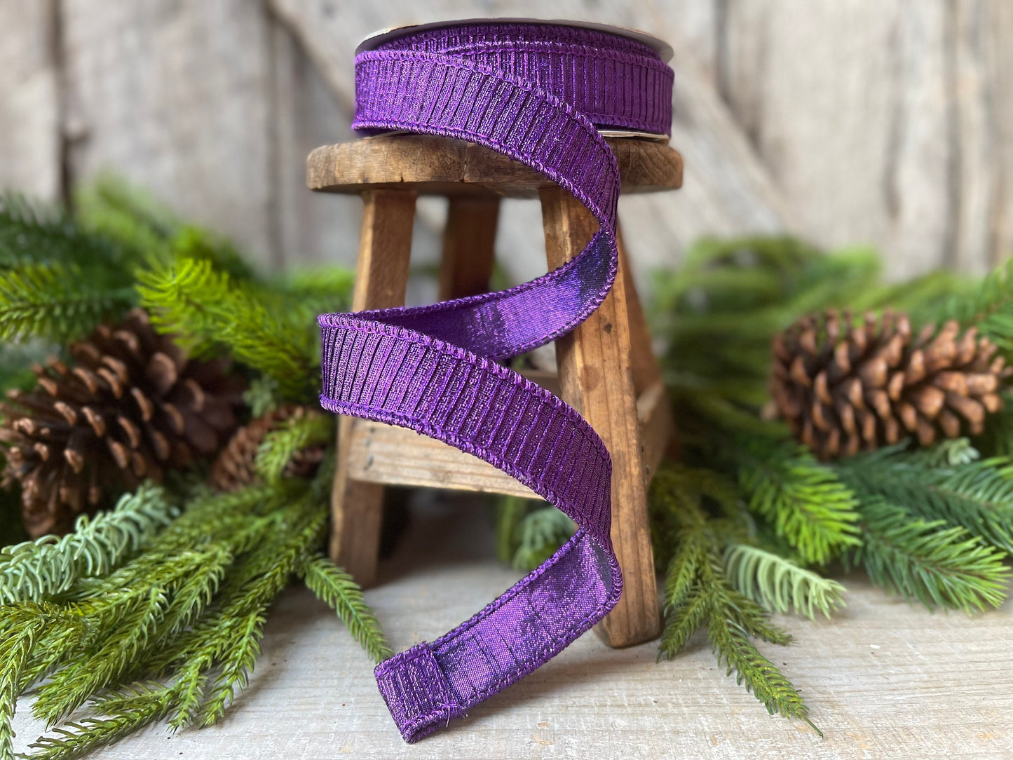 1" Purple Pleated Metallic Wired Ribbon, Farrisilk Ribbon