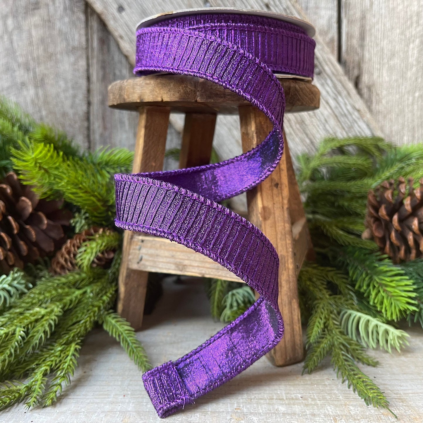 1" Purple Pleated Metallic Wired Ribbon, Farrisilk Ribbon