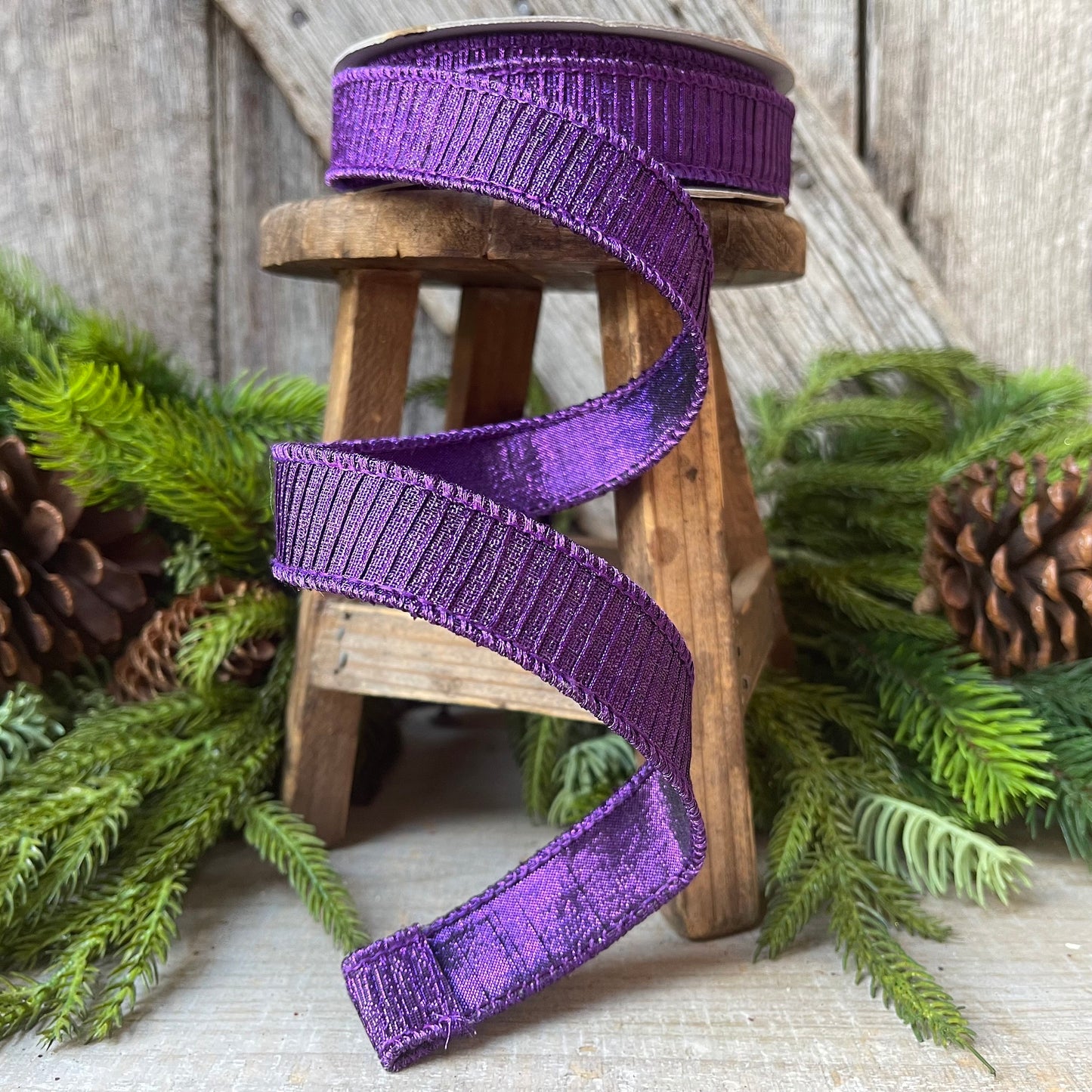 1" Purple Pleated Metallic Wired Ribbon, Farrisilk Ribbon