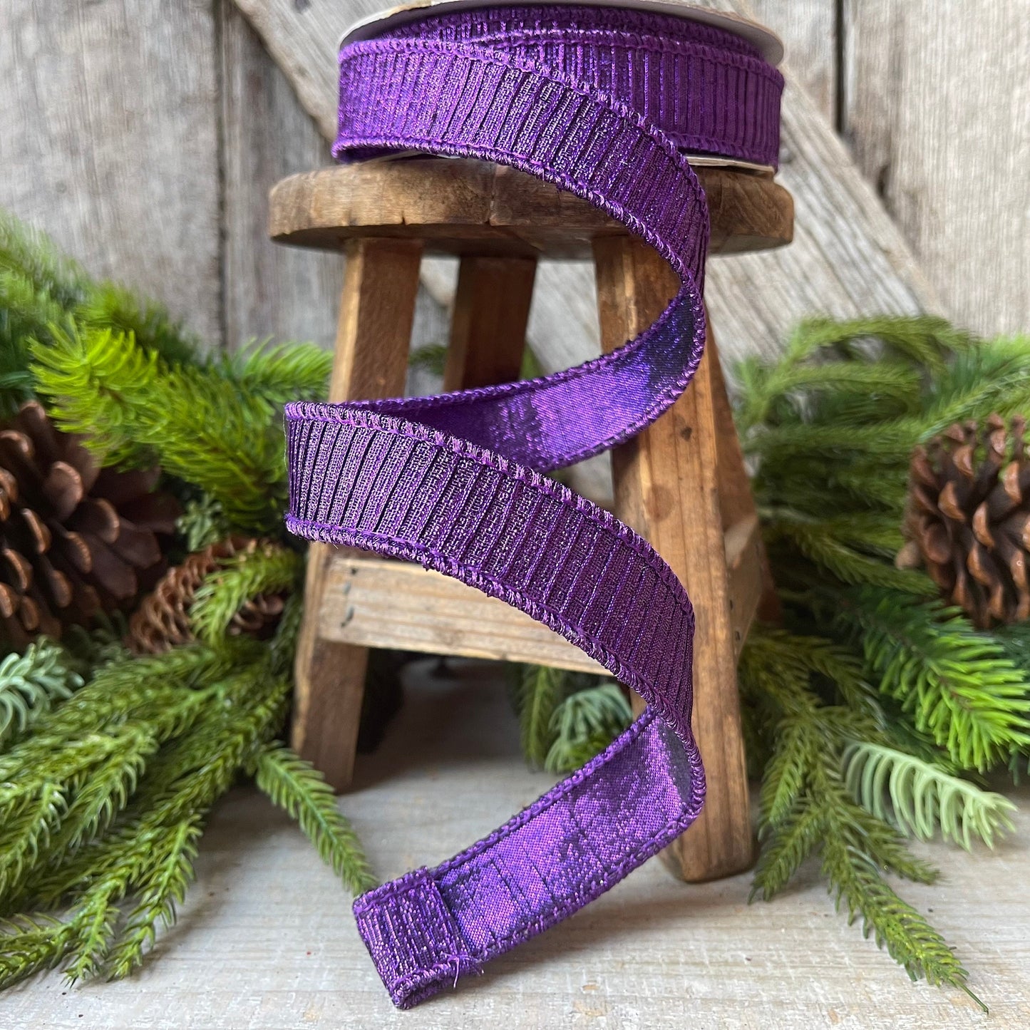 1" Purple Pleated Metallic Wired Ribbon, Farrisilk Ribbon