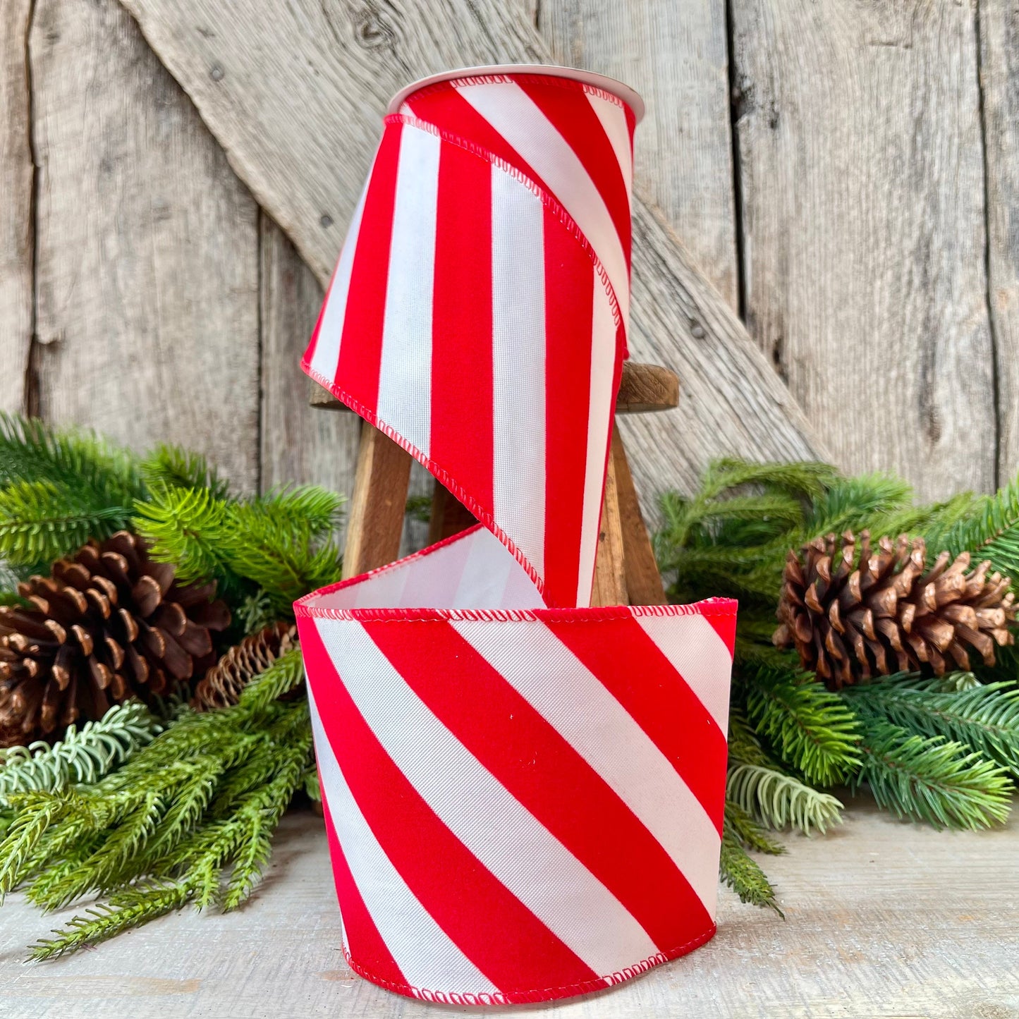 Red & White Diagonal Stripe Christmas Ribbon - 4" x 10 Yards - Wired Holiday Ribbon for DIY Crafts, Decorations
