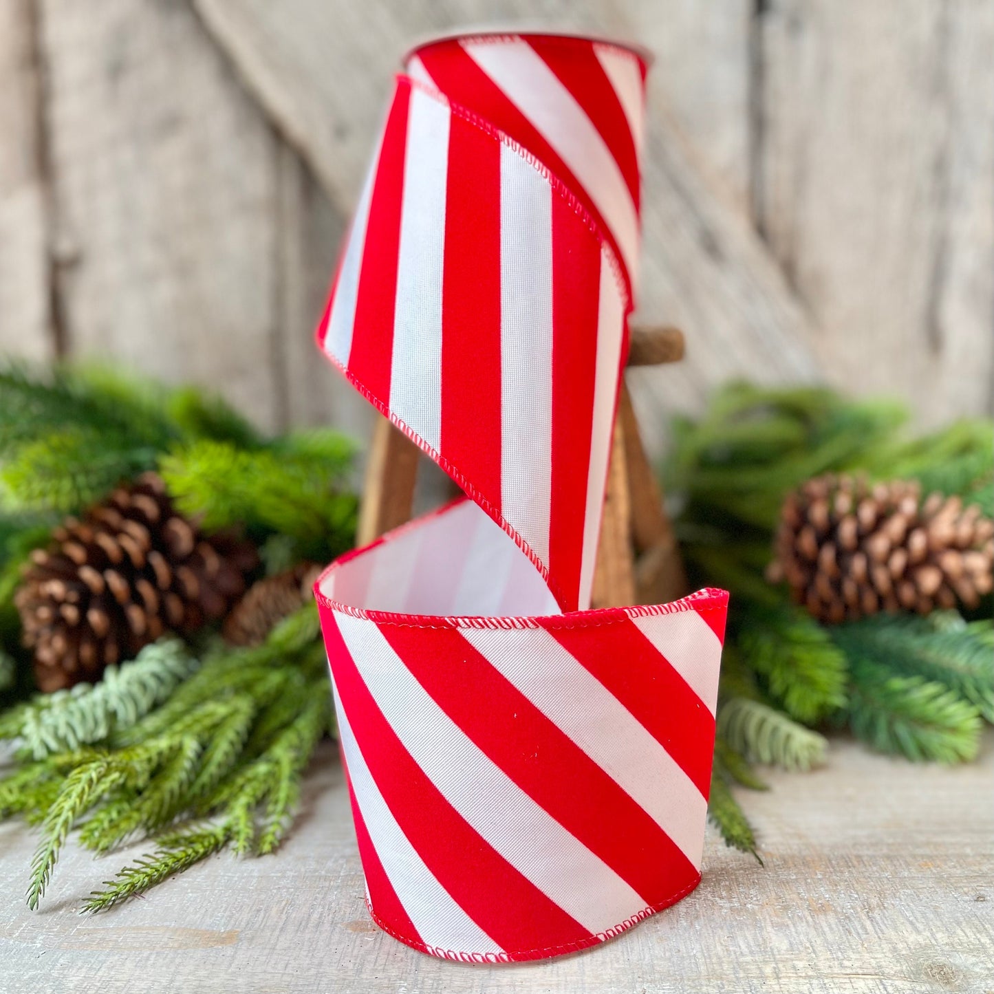 Red & White Diagonal Stripe Christmas Ribbon - 4" x 10 Yards - Wired Holiday Ribbon for DIY Crafts, Decorations