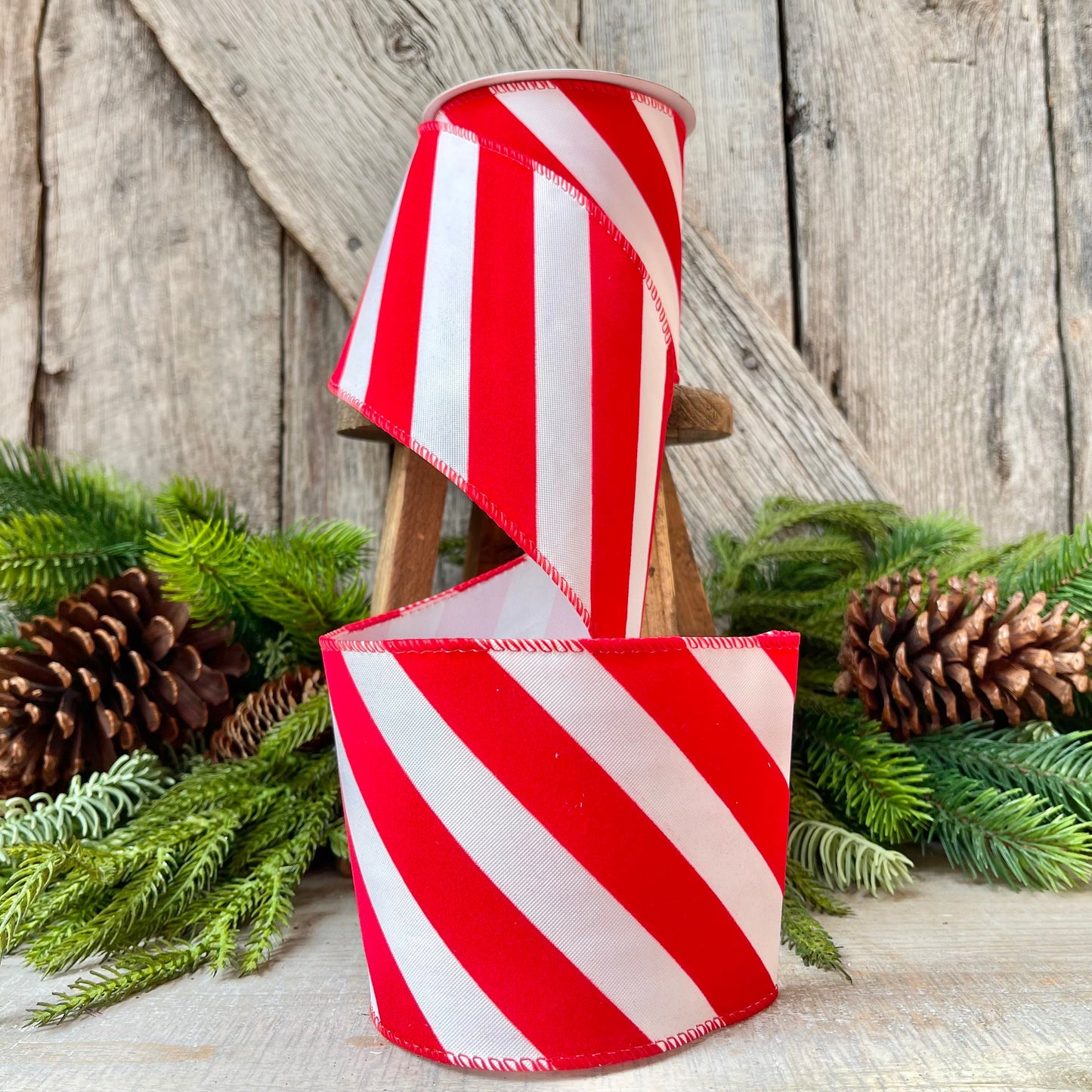 Red & White Diagonal Stripe Christmas Ribbon - 4" x 10 Yards - Wired Holiday Ribbon for DIY Crafts, Decorations