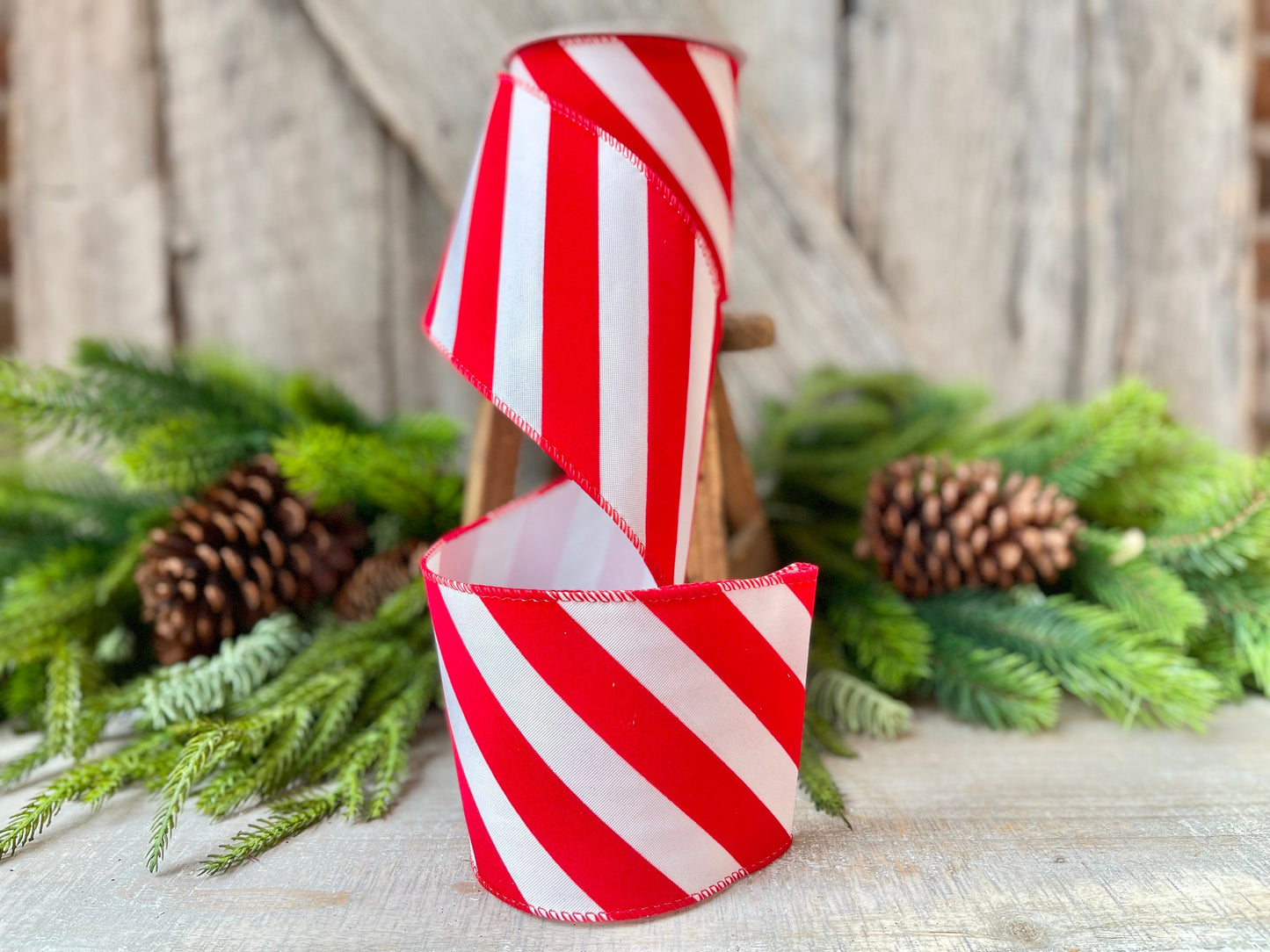 Red & White Diagonal Stripe Christmas Ribbon - 4" x 10 Yards - Wired Holiday Ribbon for DIY Crafts, Decorations