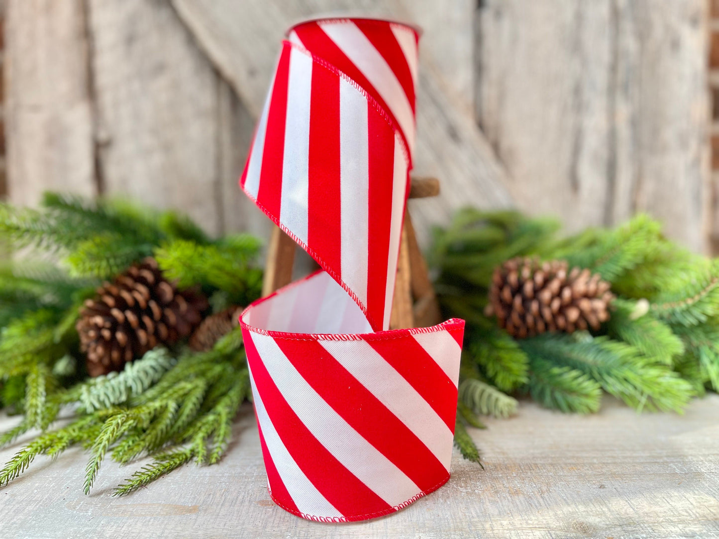 Red & White Diagonal Stripe Christmas Ribbon - 4" x 10 Yards - Wired Holiday Ribbon for DIY Crafts, Decorations