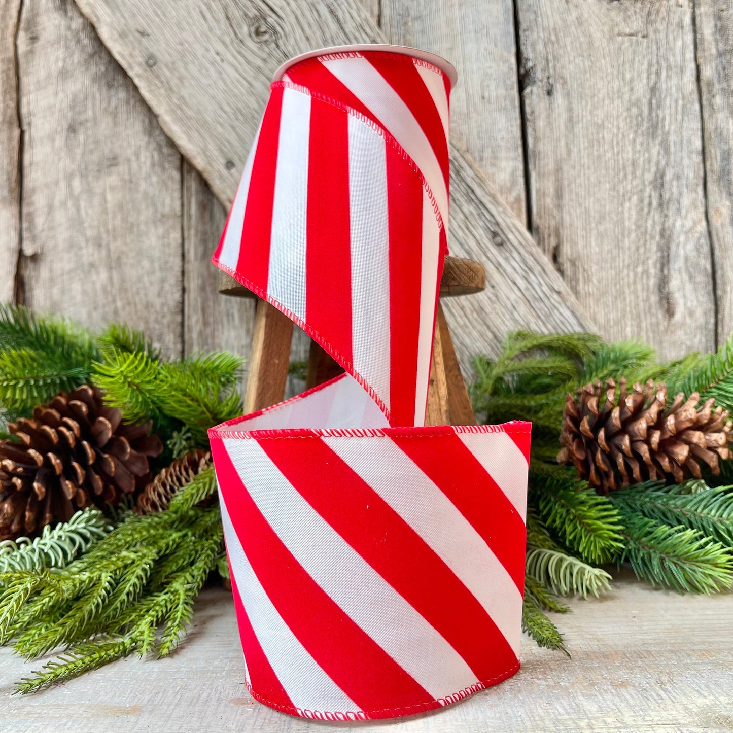 Red & White Diagonal Stripe Christmas Ribbon - 4" x 10 Yards - Wired Holiday Ribbon for DIY Crafts, Decorations