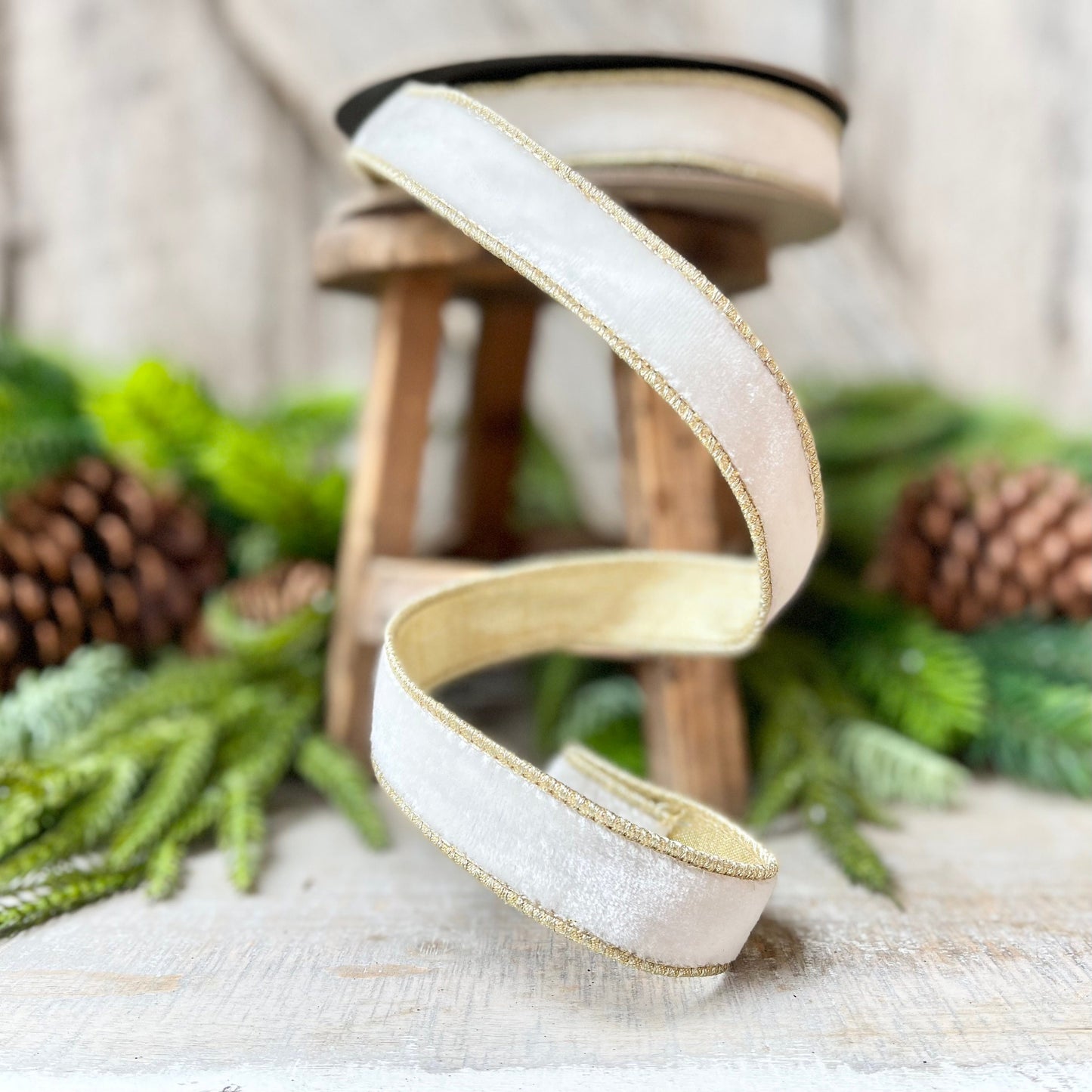 1" White Velvet with Gold Backing, D. Stevens velvet ribbon, wired ribbon