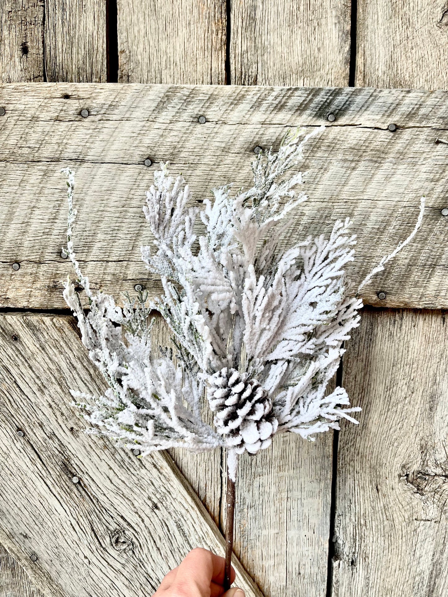 18" Snow Cedar Pinecone Spray, Flocked Pine Stem