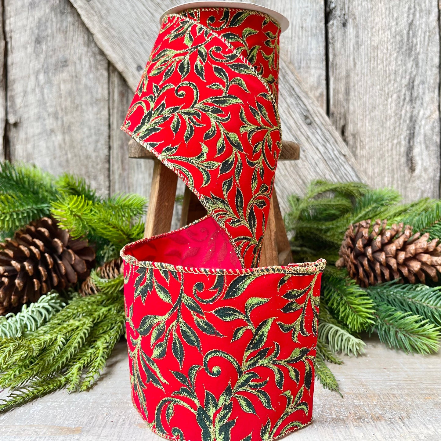 4" Red Flocked Exquisite Scroll Ribbon, Red with Emerald Green Scroll Pattern