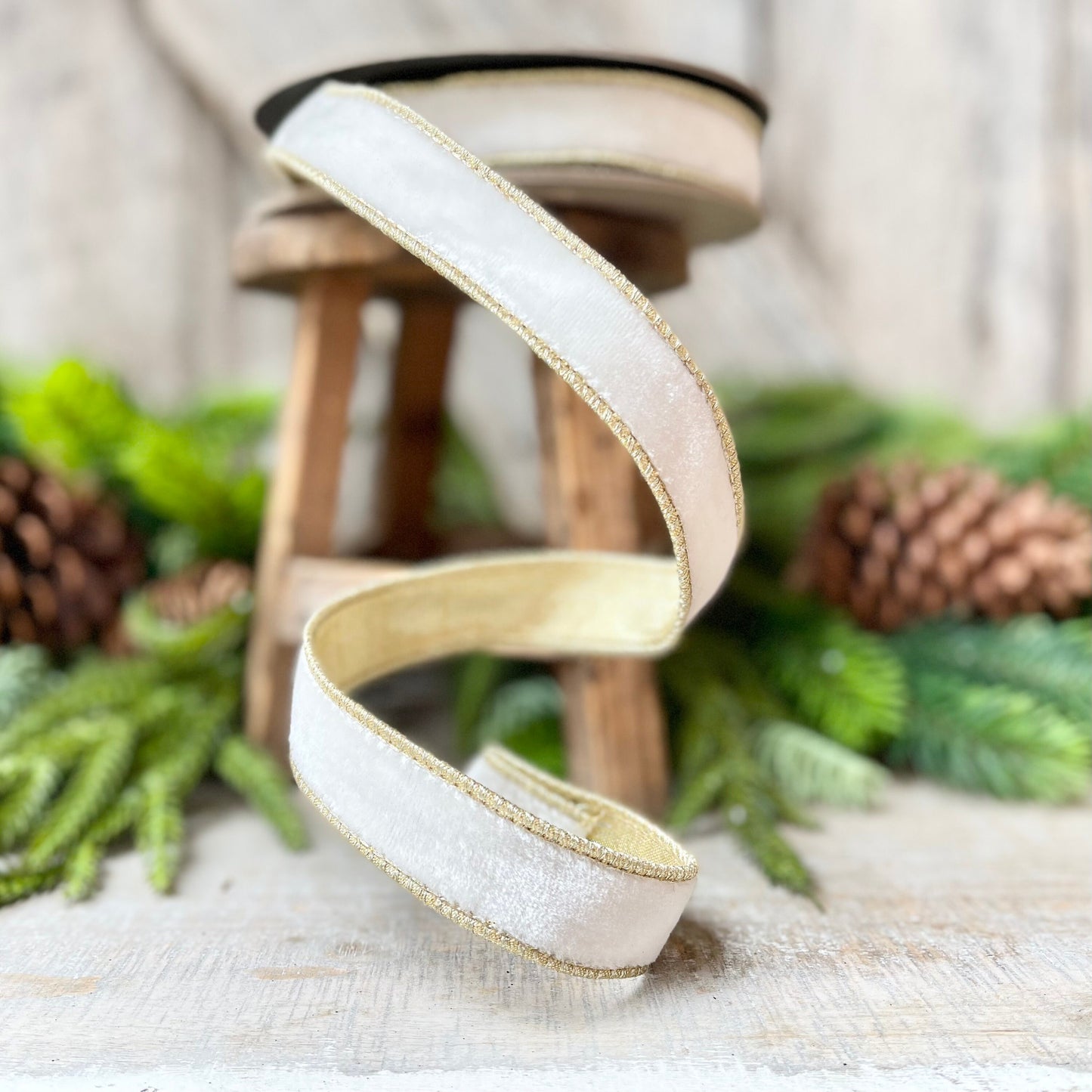 1" White Velvet with Gold Backing, D. Stevens velvet ribbon, wired ribbon