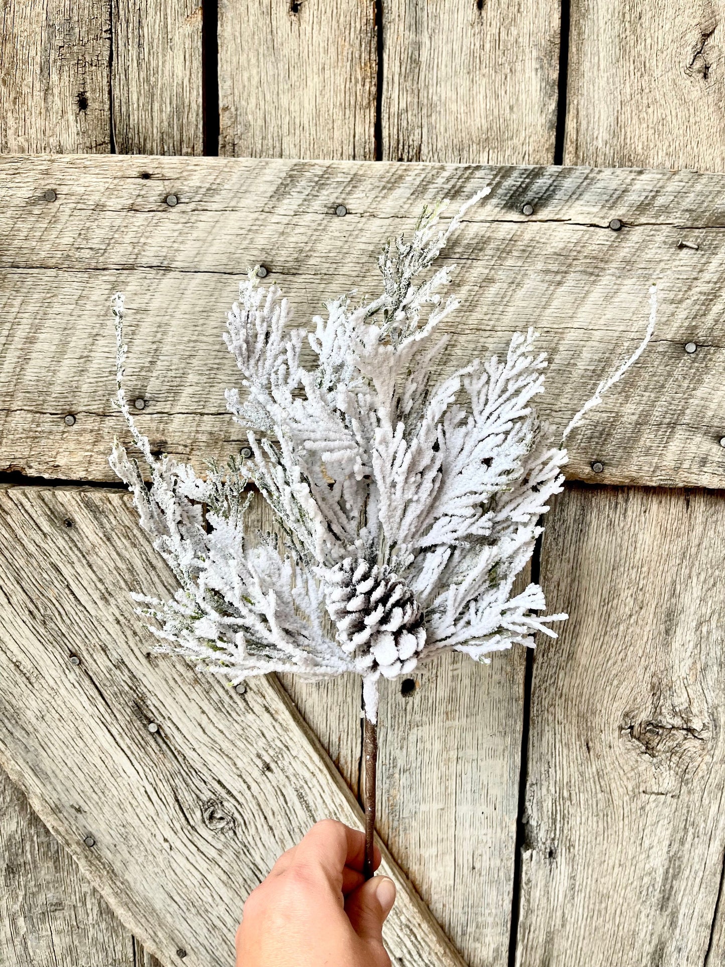 18" Snow Cedar Pinecone Spray, Flocked Pine Stem