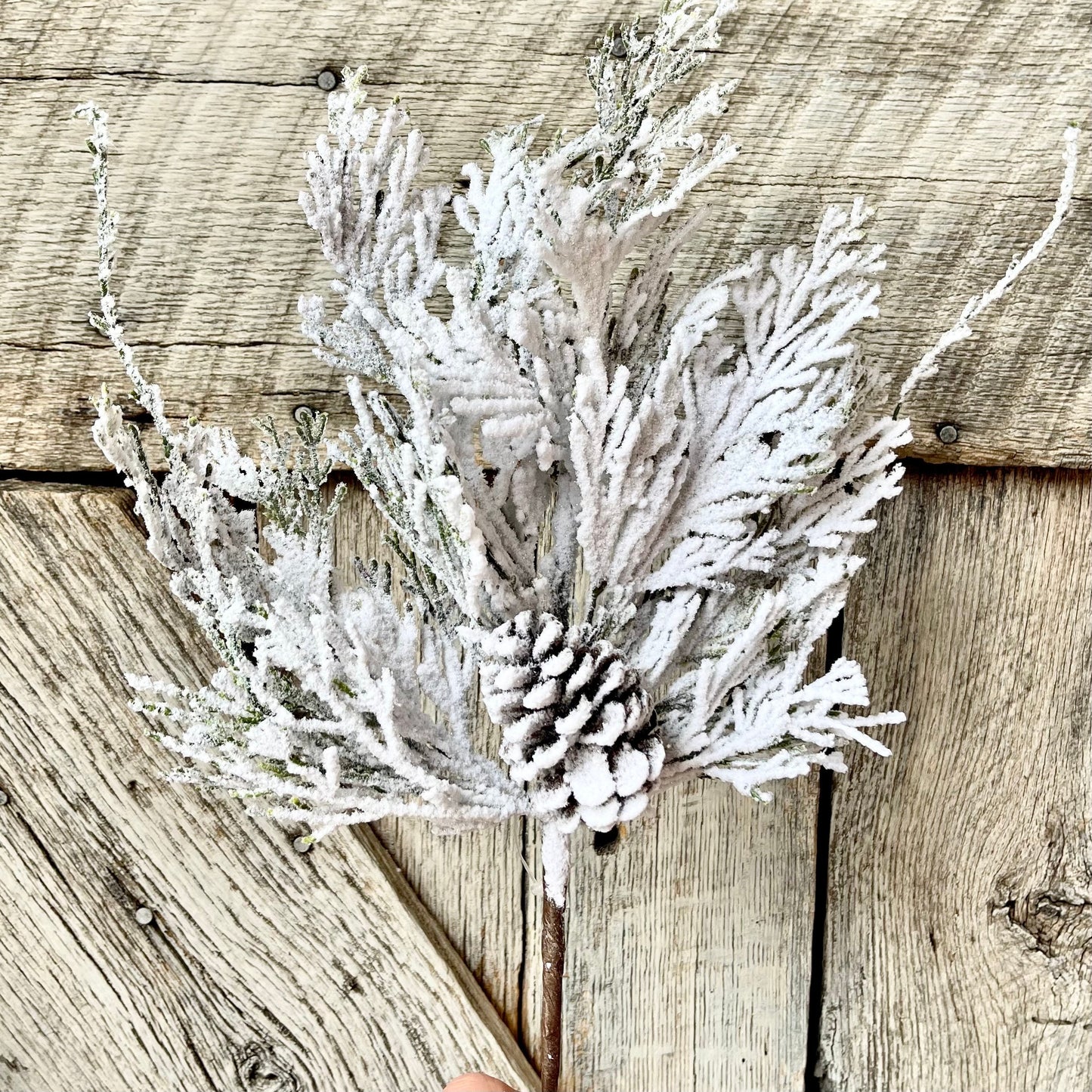 18" Snow Cedar Pinecone Spray, Flocked Pine Stem