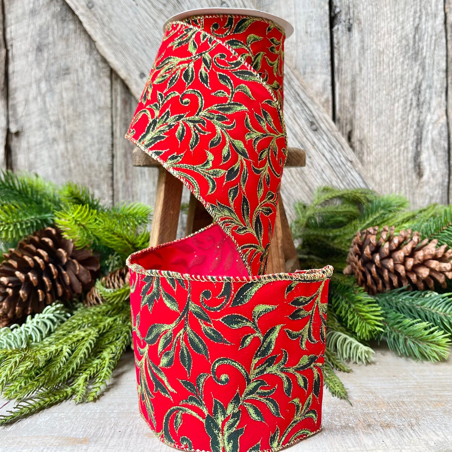 4" Red Flocked Exquisite Scroll Ribbon, Red with Emerald Green Scroll Pattern