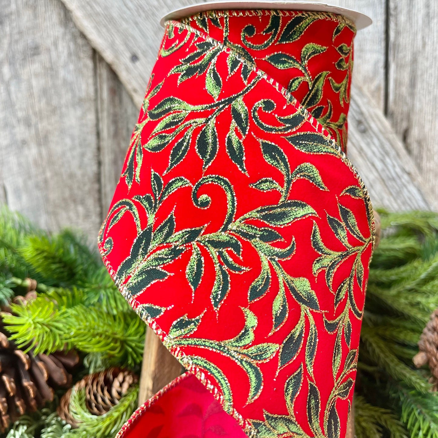 4" Red Flocked Exquisite Scroll Ribbon, Red with Emerald Green Scroll Pattern