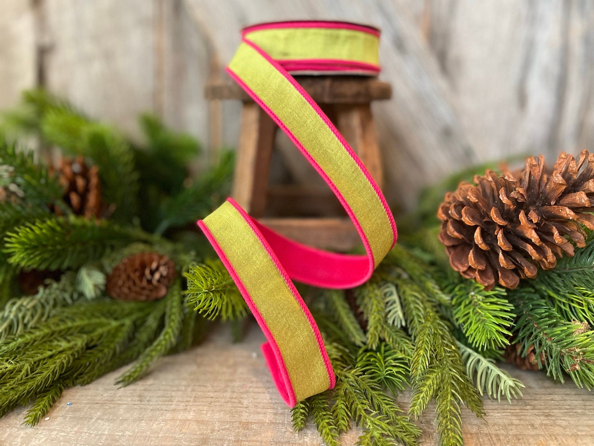 1" Pink and Lime Green Contrast Taffeta, Farrisilk Ribbon, Wired Ribbon