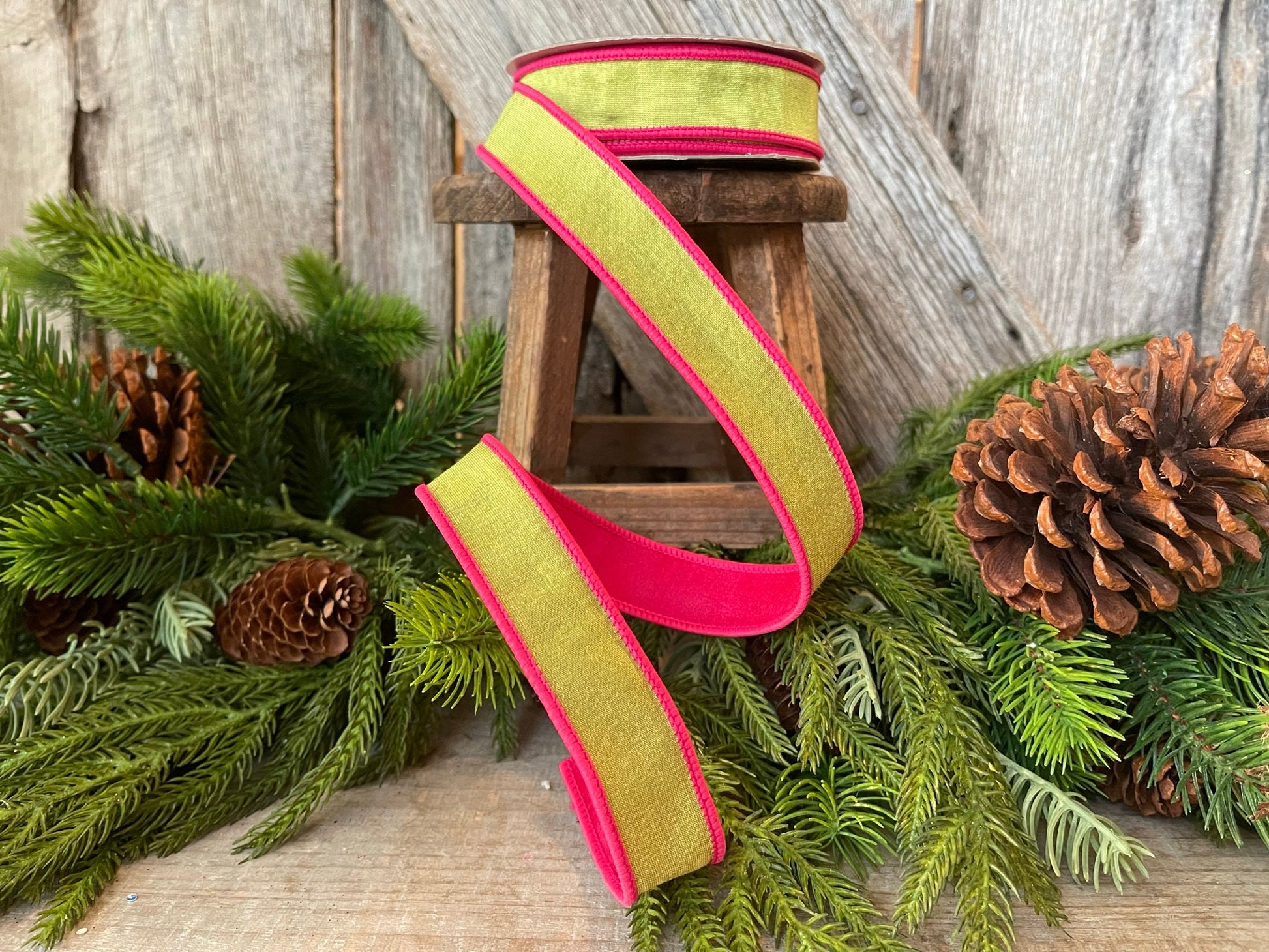 1" Pink and Lime Green Contrast Taffeta, Farrisilk Ribbon, Wired Ribbon