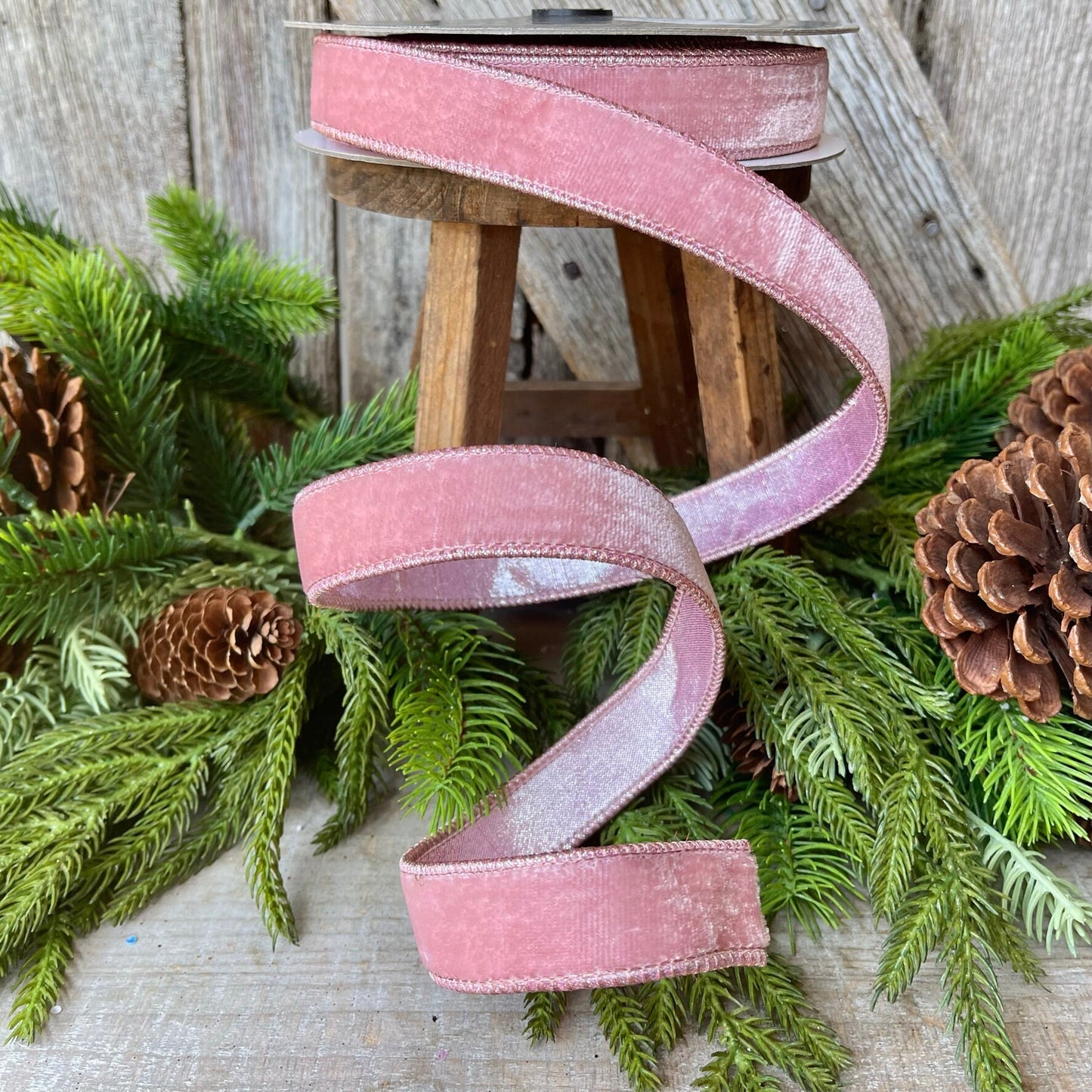 1" Pink Velvet Luster Ribbon, Farrisilk, Wired Velvet Ribbon