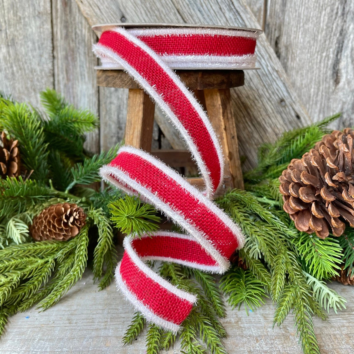 1" Red Frosty Burlap, Farrisilk Ribbon