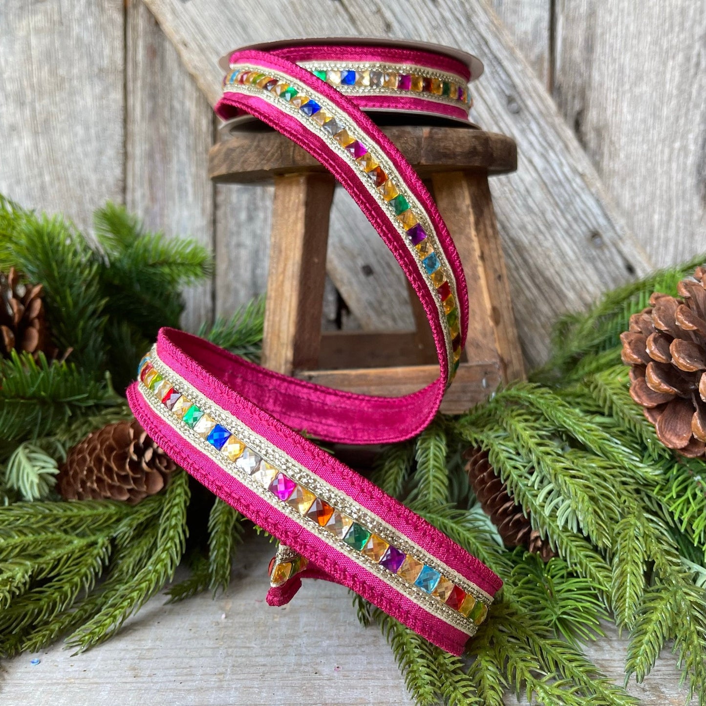 1" Hot Pink KALEIDOSCOPE Ribbon, Farrisilk Ribbon, Hot Pink Jeweled Ribbon