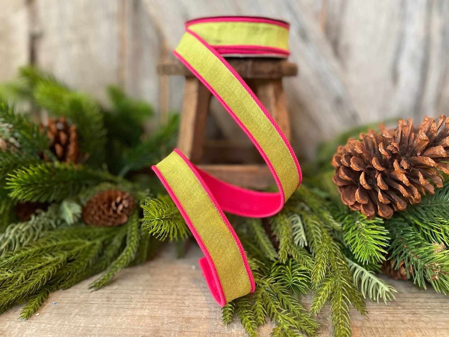 1" Pink and Lime Green Contrast Taffeta, Farrisilk Ribbon, Wired Ribbon