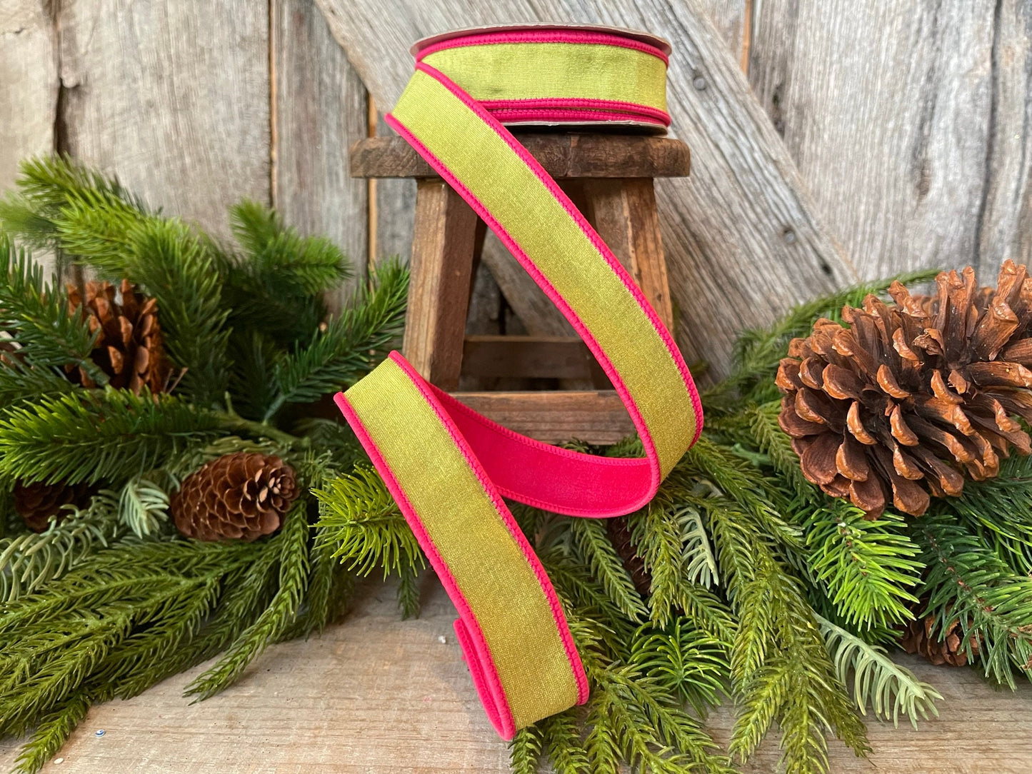 1" Pink and Lime Green Contrast Taffeta, Farrisilk Ribbon, Wired Ribbon