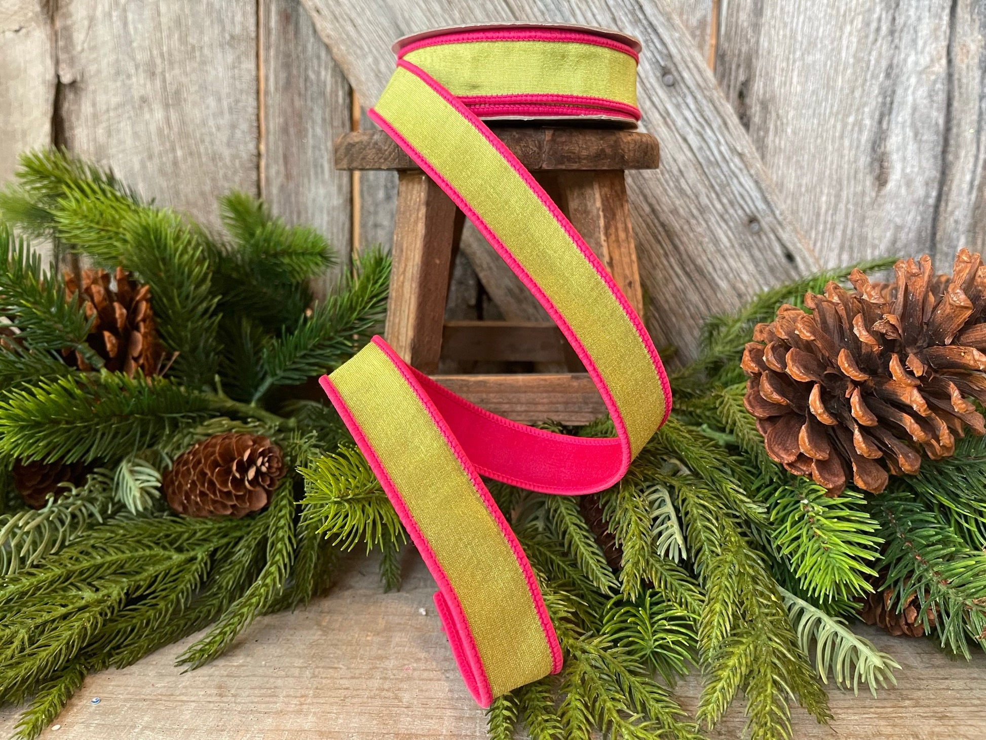 1" Pink and Lime Green Contrast Taffeta, Farrisilk Ribbon, Wired Ribbon