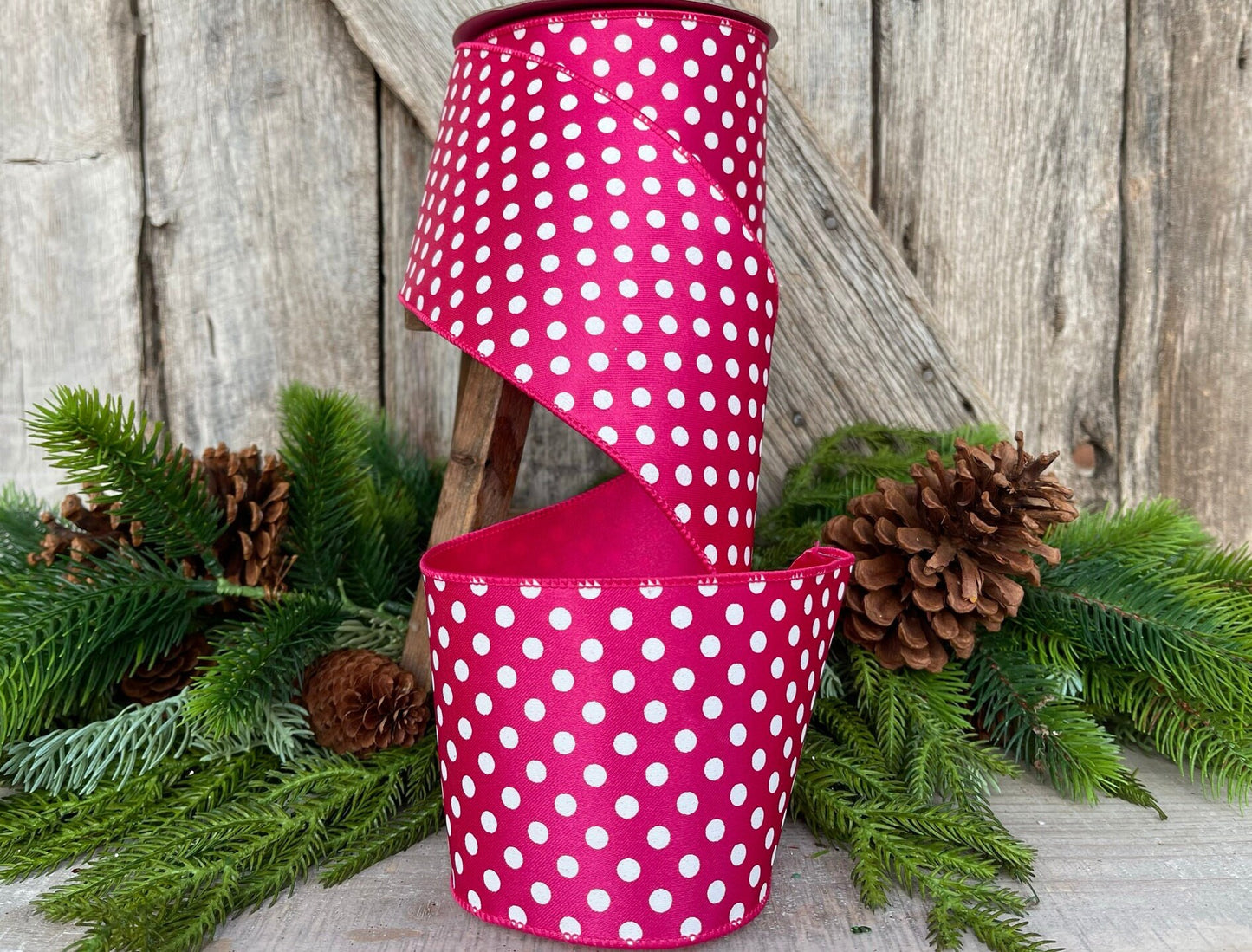 4" Hot Pink Mini Dots, Farrisilk Ribbon, Wired Ribbon