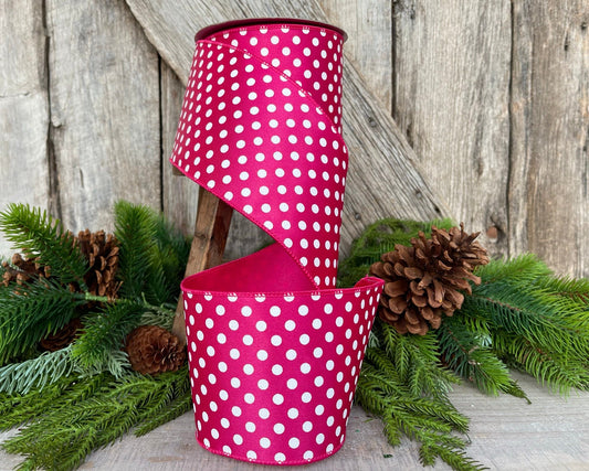 4" Hot Pink Mini Dots, Farrisilk Ribbon, Wired Ribbon
