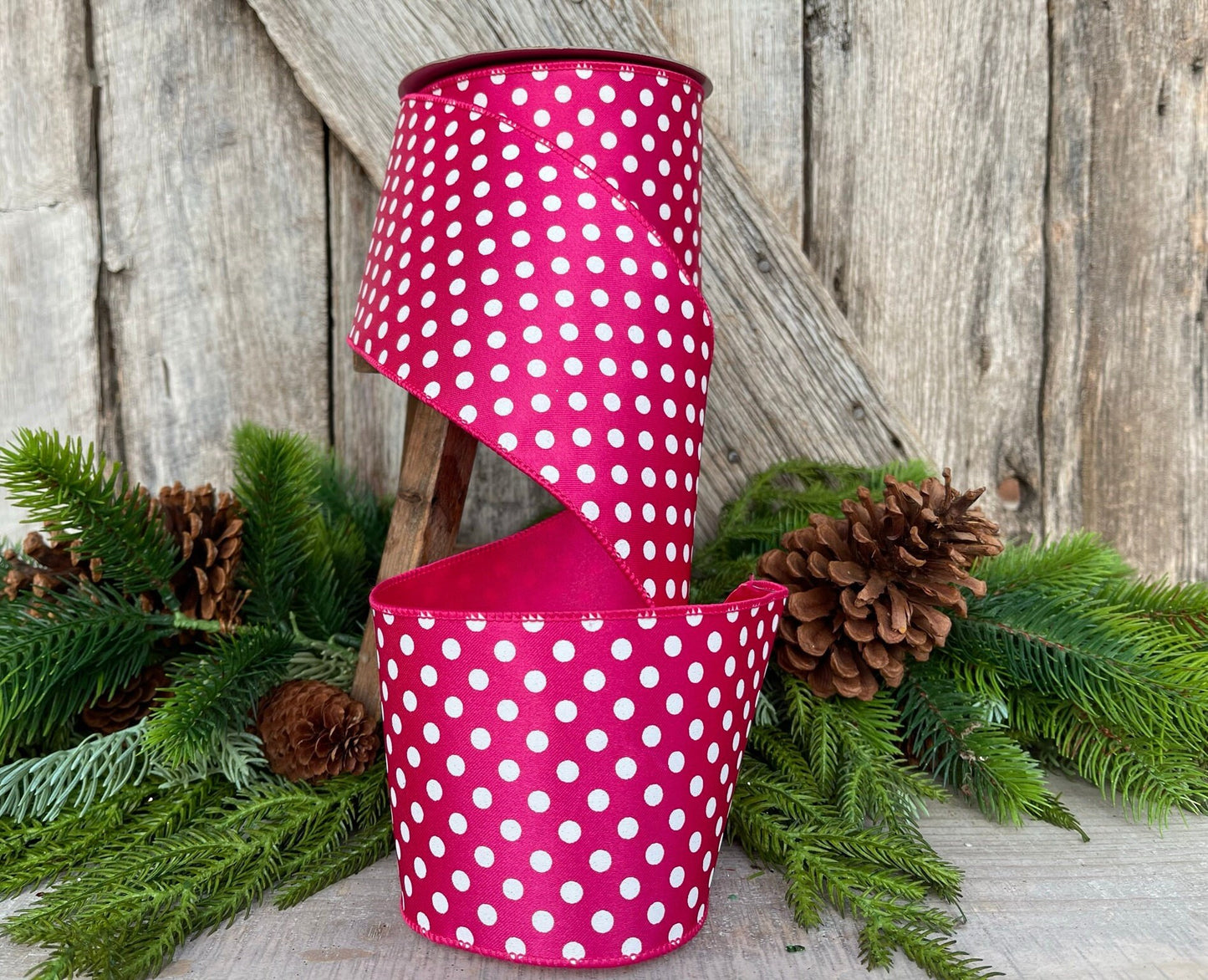 4" Hot Pink Mini Dots, Farrisilk Ribbon, Wired Ribbon