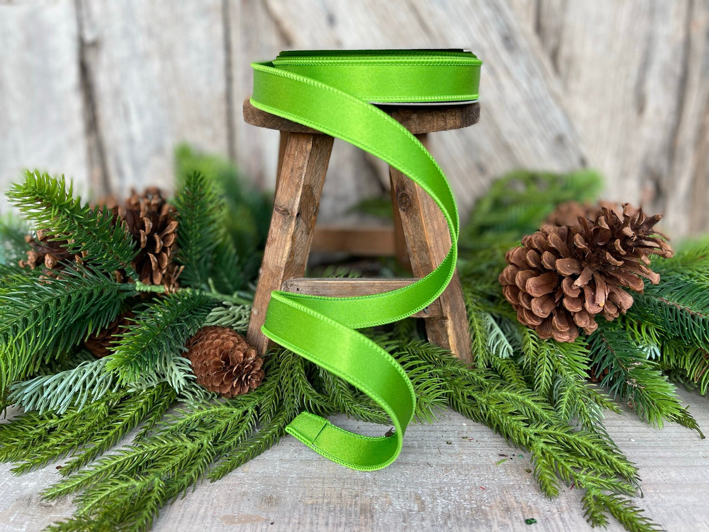1" Lime Green Satin Ribbon, Farrisilk Ribbon, Wired Ribbon