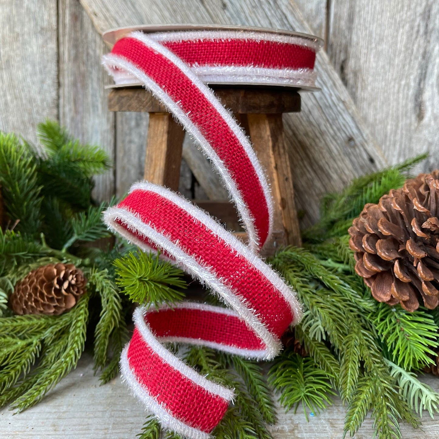 1" Red Frosty Burlap, Farrisilk Ribbon