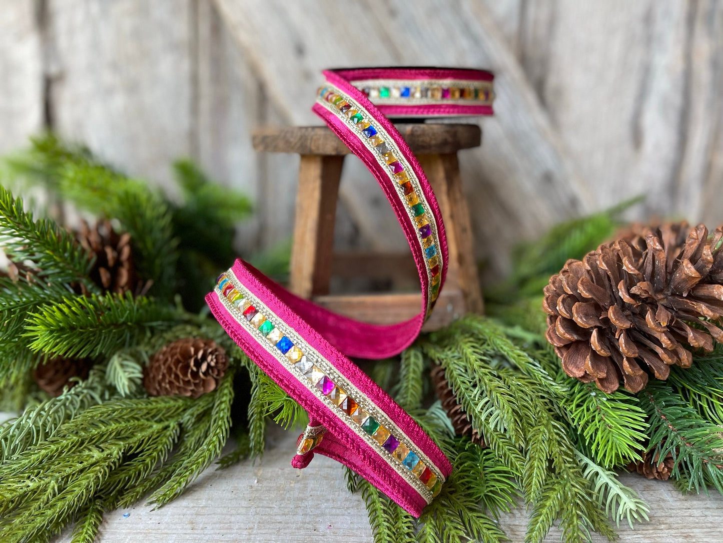 1" Hot Pink KALEIDOSCOPE Ribbon, Farrisilk Ribbon, Hot Pink Jeweled Ribbon